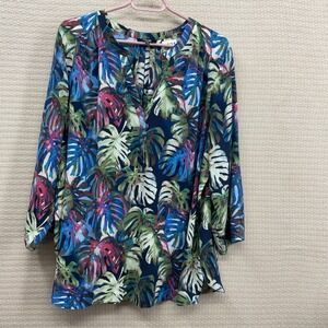 Curves360 By NYDJ Womens 1X Blue Colorful Leafs 3/4 Sleeve V-Neck Button Blouse